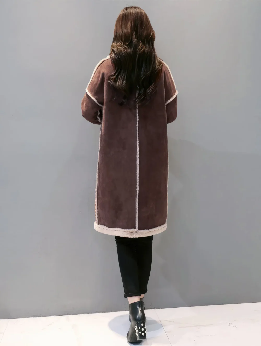 Womenâ€™s Brown Genuine Suede Sherpa Shearling Faux Fur Lined Winter Warm Thick Double Breasted Long Leather Coat - Image 3