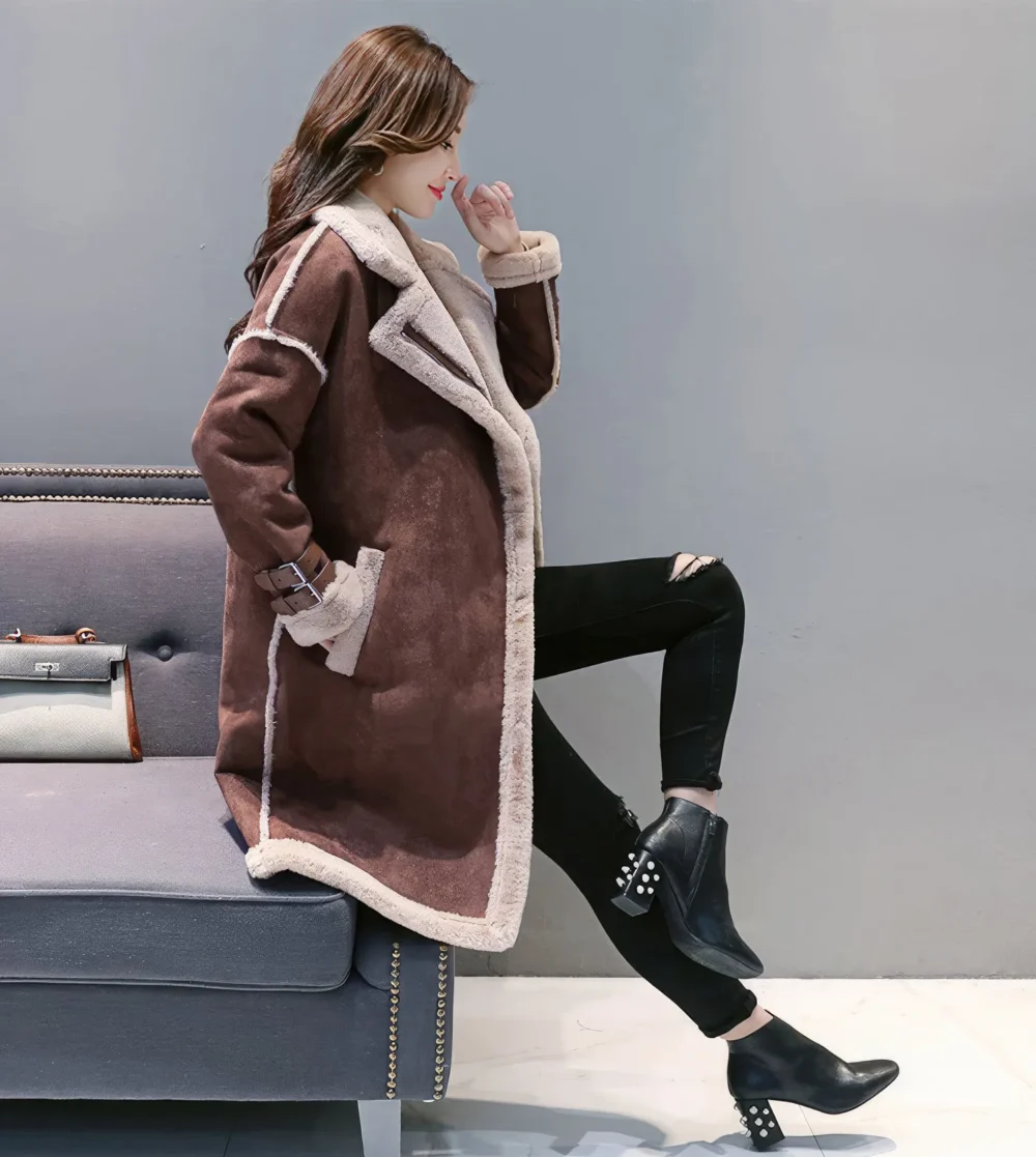 Womenâ€™s Brown Genuine Suede Sherpa Shearling Faux Fur Lined Winter Warm Thick Double Breasted Long Leather Coat - Image 4