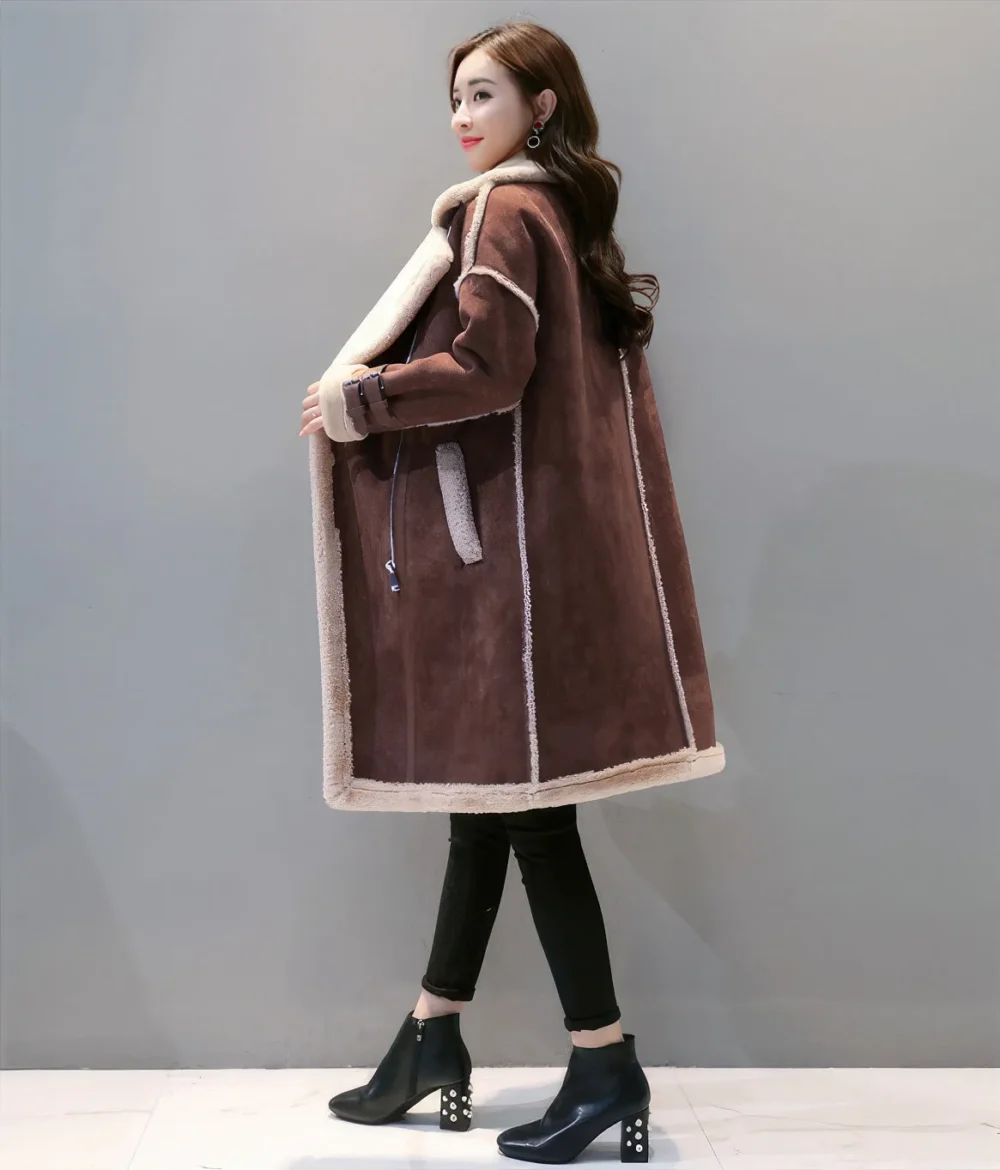 Womenâ€™s Brown Genuine Suede Sherpa Shearling Faux Fur Lined Winter Warm Thick Double Breasted Long Leather Coat - Image 5