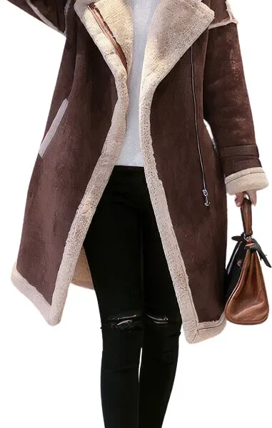 Womenâ€™s Brown Genuine Suede Sherpa Shearling Faux Fur Lined Winter Warm Thick Double Breasted Long Leather Coat