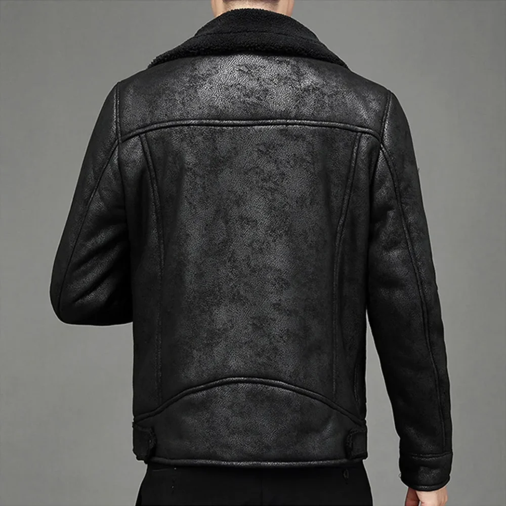 Menâ€™s Vintage Distressed Black Genuine Sheepskin Sherpa Shearling Faux Fur Lined Turn-Down Collar Fashionable Streetwear Winter Warm Leather Jacket - Image 3