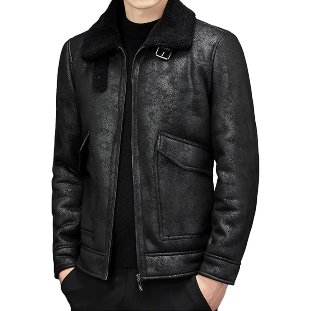 Menâ€™s Vintage Distressed Black Genuine Sheepskin Sherpa Shearling Faux Fur Lined Turn-Down Collar Fashionable Streetwear Winter Warm Leather Jacket - Image 2