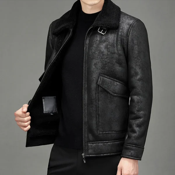 Menâ€™s Vintage Distressed Black Genuine Sheepskin Sherpa Shearling Faux Fur Lined Turn-Down Collar Fashionable Streetwear Winter Warm Leather Jacket