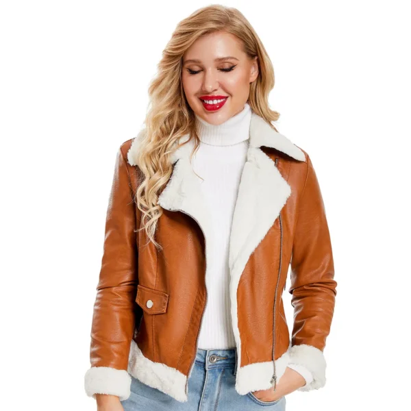 Womenâ€™s Brown Biker Genuine Sheepskin Sherpa Shearling Faux Fur Moto CafÃ© Racer Asymmetric Bomber Leather Jacket