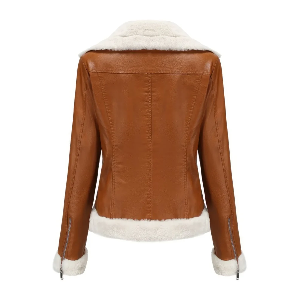 Womenâ€™s Brown Biker Genuine Sheepskin Sherpa Shearling Faux Fur Moto CafÃ© Racer Asymmetric Bomber Leather Jacket - Image 4