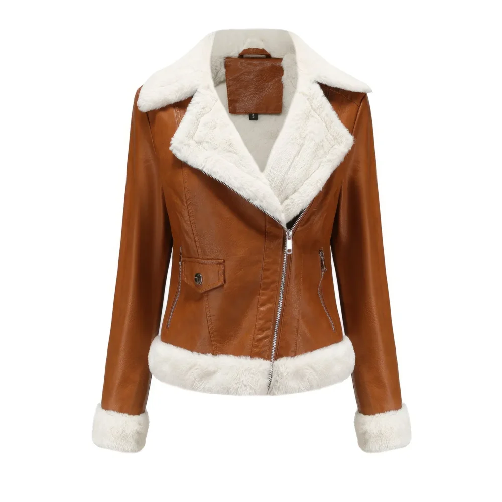 Womenâ€™s Brown Biker Genuine Sheepskin Sherpa Shearling Faux Fur Moto CafÃ© Racer Asymmetric Bomber Leather Jacket - Image 3
