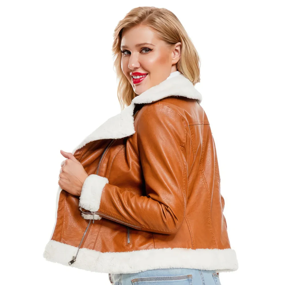 Womenâ€™s Brown Biker Genuine Sheepskin Sherpa Shearling Faux Fur Moto CafÃ© Racer Asymmetric Bomber Leather Jacket - Image 2