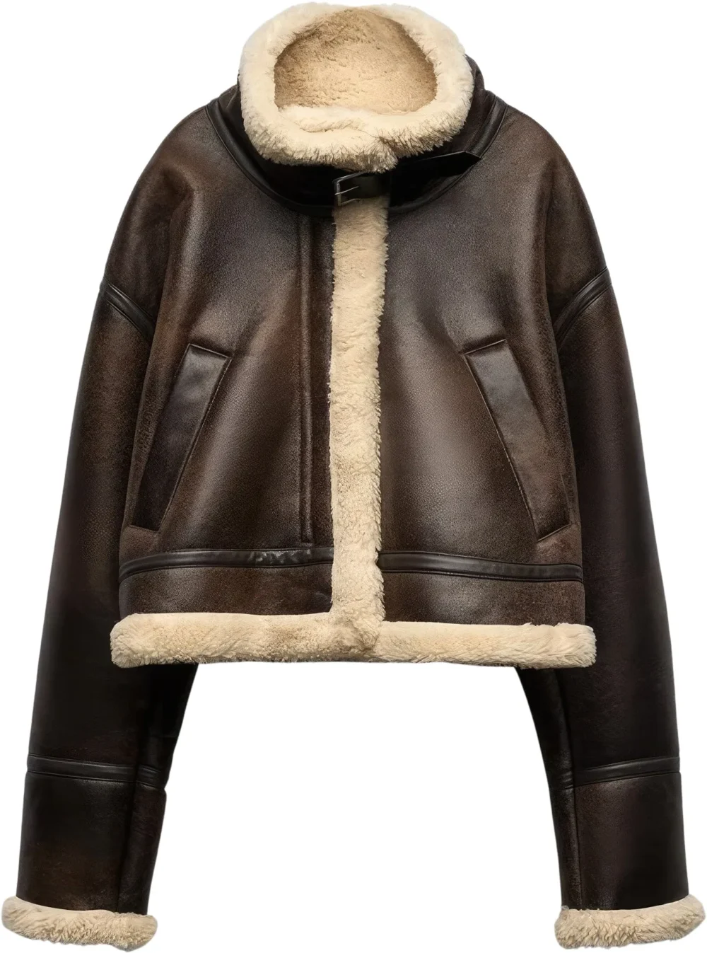 Womenâ€™s Distressed Brown Genuine Lambskin Sherpa Shearling Faux Fur Lined Moto Biker Fashion Winter Thick Bomber Leather Jacket - Image 4