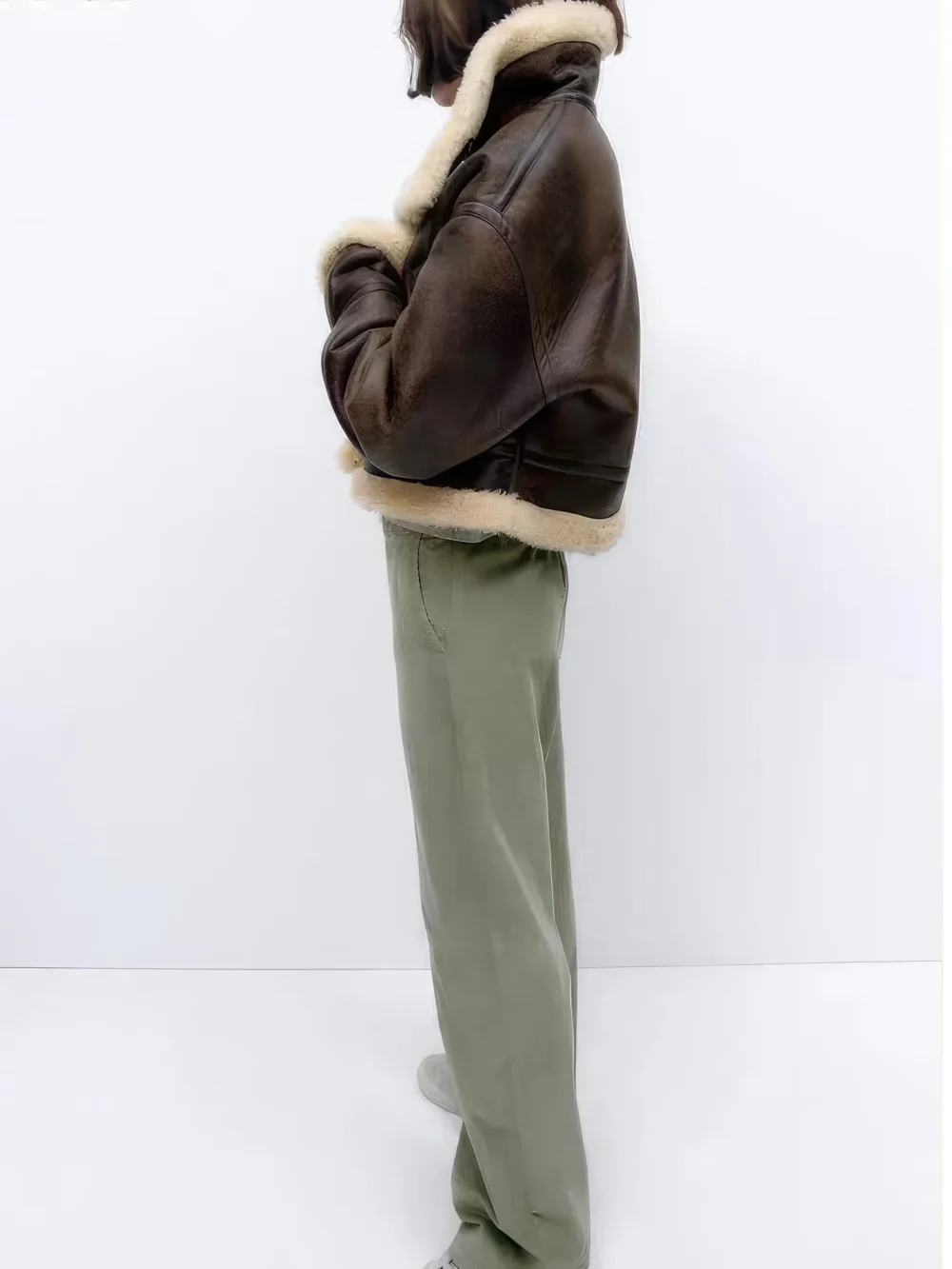 Womenâ€™s Distressed Brown Genuine Lambskin Sherpa Shearling Faux Fur Lined Moto Biker Fashion Winter Thick Bomber Leather Jacket - Image 2