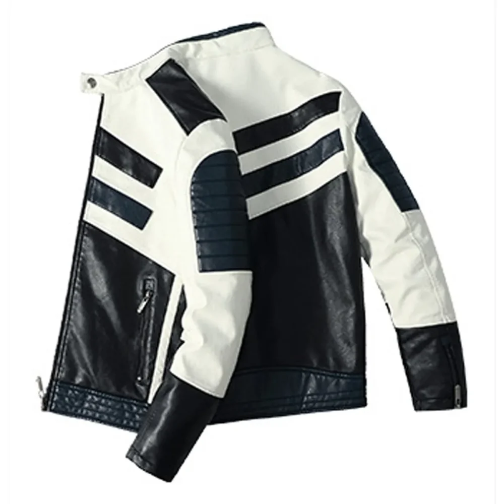 Menâ€™s Black Biker PU CafÃ© Racer Stand Collar Striped Black Blue White Toned Outfit Moto Rider Zip-Up Casual Classic Streetwear Slim Fit Faux Leather Jacket - Image 2