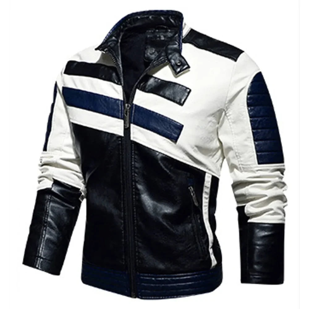 Menâ€™s Black Biker PU CafÃ© Racer Stand Collar Striped Black Blue White Toned Outfit Moto Rider Zip-Up Casual Classic Streetwear Slim Fit Faux Leather Jacket