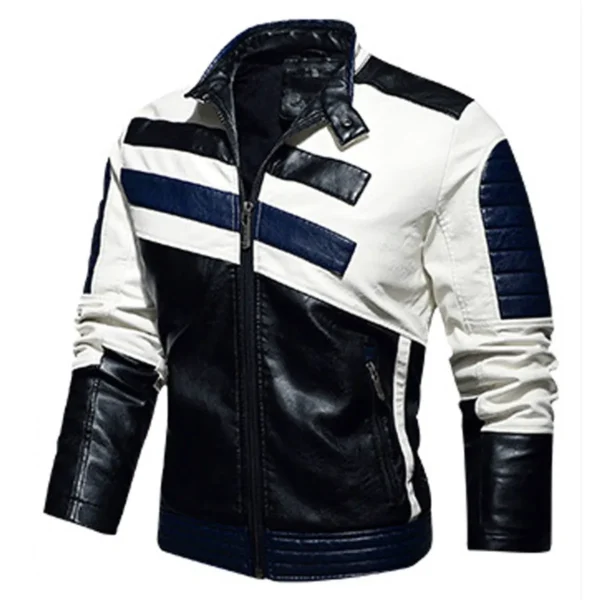 Menâ€™s Black Biker PU CafÃ© Racer Stand Collar Striped Black Blue White Toned Outfit Moto Rider Zip-Up Casual Classic Streetwear Slim Fit Faux Leather Jacket
