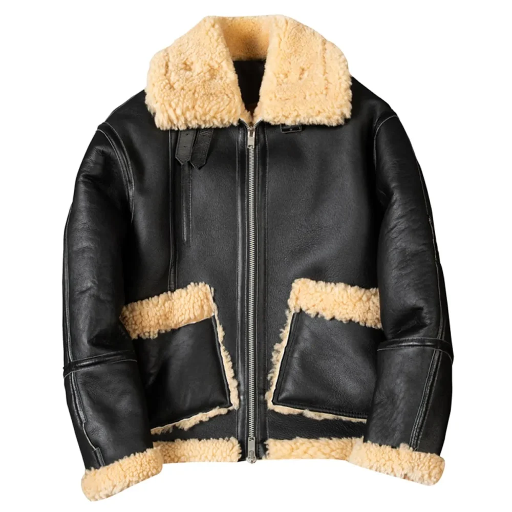 Menâ€™s Black B3 Bomber Aviator Genuine Sheepskin Sherpa Shearling Faux Fur Turn-Down Collar Winter Warm Pilot Uniform Leather Jacket