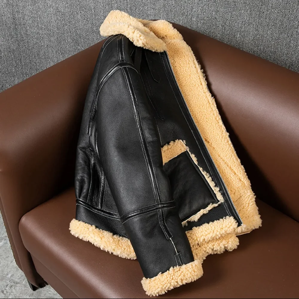 Menâ€™s Black B3 Bomber Aviator Genuine Sheepskin Sherpa Shearling Faux Fur Turn-Down Collar Winter Warm Pilot Uniform Leather Jacket - Image 2