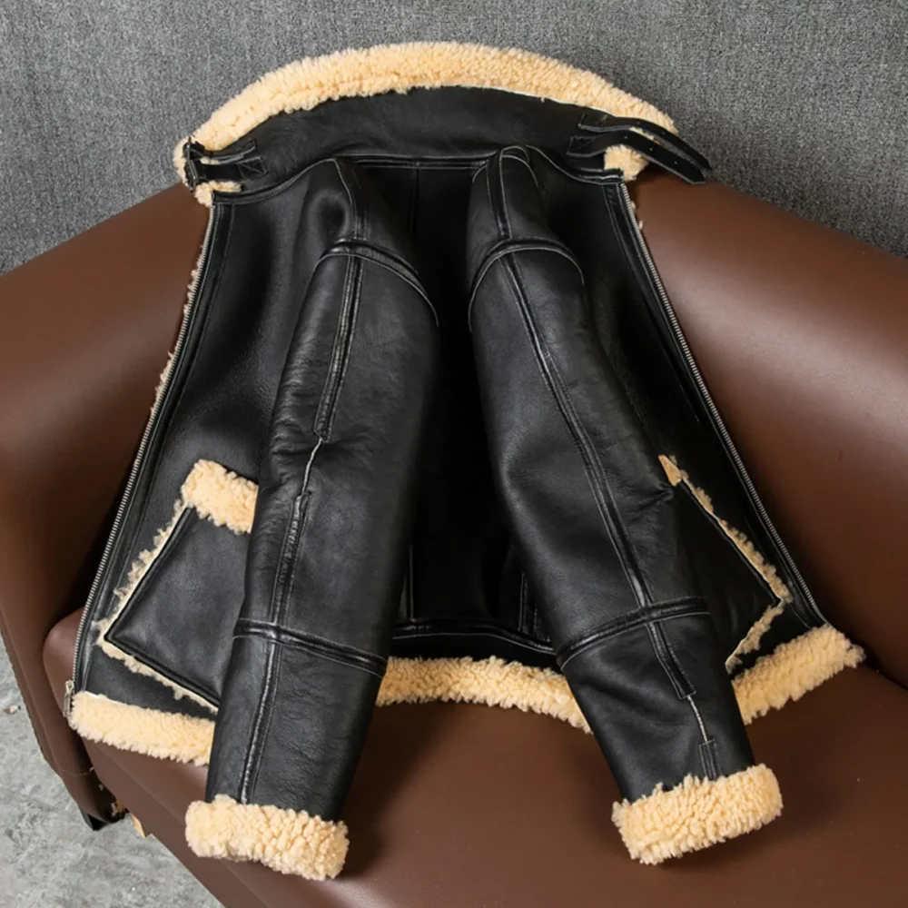 Menâ€™s Black B3 Bomber Aviator Genuine Sheepskin Sherpa Shearling Faux Fur Turn-Down Collar Winter Warm Pilot Uniform Leather Jacket - Image 3