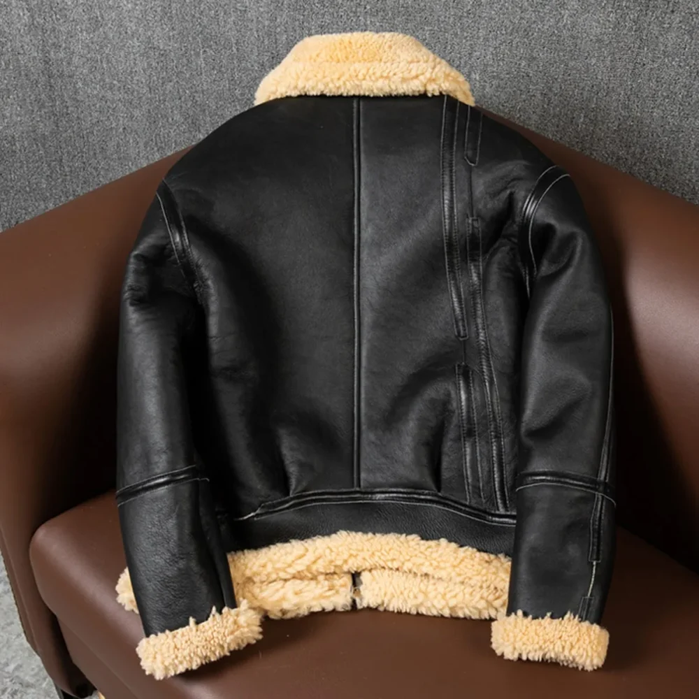 Menâ€™s Black B3 Bomber Aviator Genuine Sheepskin Sherpa Shearling Faux Fur Turn-Down Collar Winter Warm Pilot Uniform Leather Jacket - Image 4