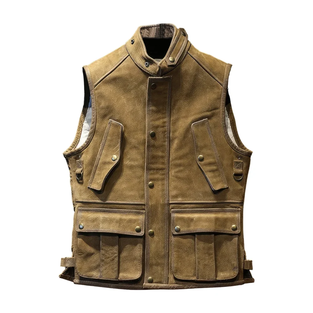Menâ€™s Brown Genuine Cowhide Stand Collar Vest Motorcycle Biker Sleeveless Classic Retro Rock Hunter Multi Pockets Leather Waistcoat