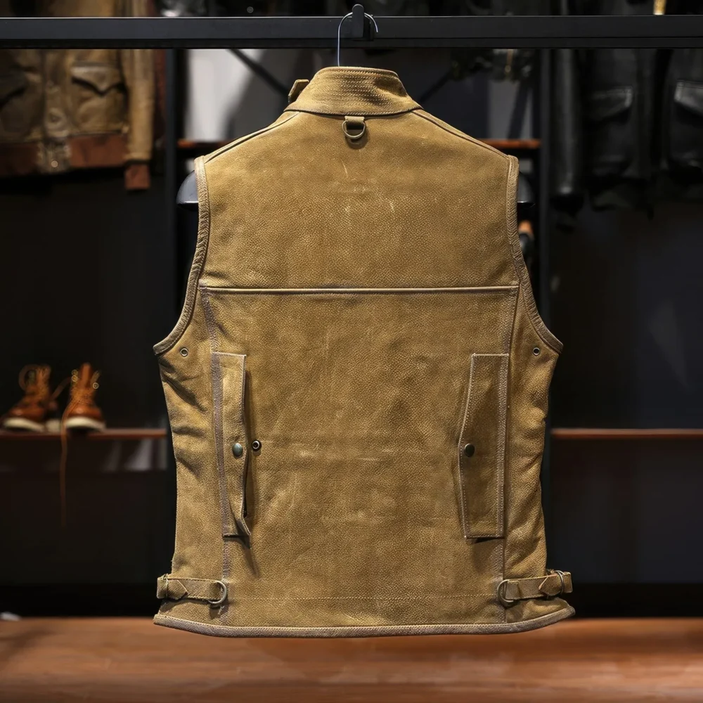 Menâ€™s Brown Genuine Cowhide Stand Collar Vest Motorcycle Biker Sleeveless Classic Retro Rock Hunter Multi Pockets Leather Waistcoat - Image 3