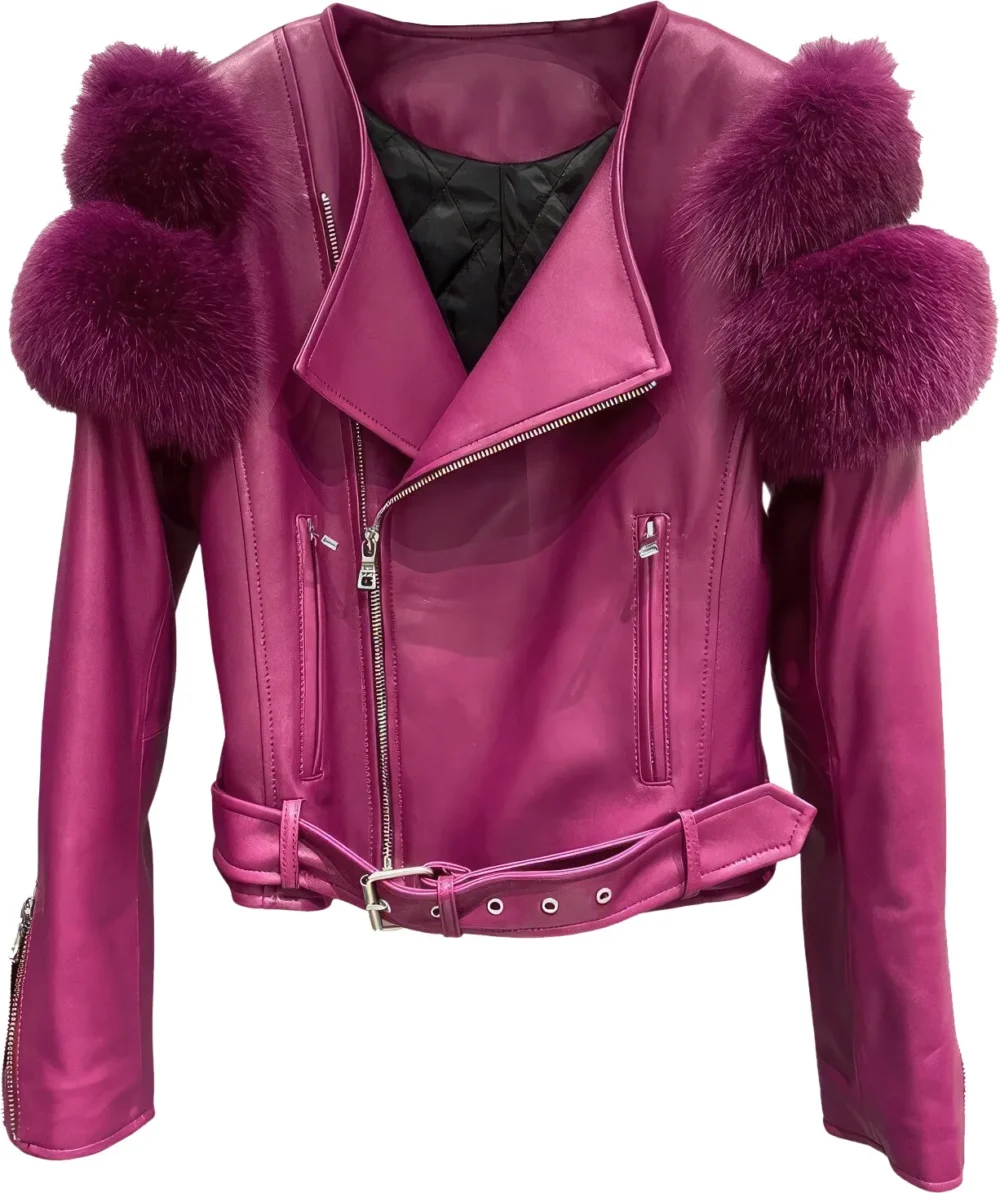 Womenâ€™s Burgundy Wine Genuine Lambskin Sherpa Shearling Faux Fur Fluffy Sleeves Classic Outfit Smooth Lightweight Leather Jacket