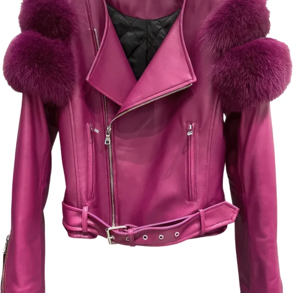 Womenâ€™s Burgundy Wine Genuine Lambskin Sherpa Shearling Faux Fur Fluffy Sleeves Classic Outfit Smooth Lightweight Leather Jacket