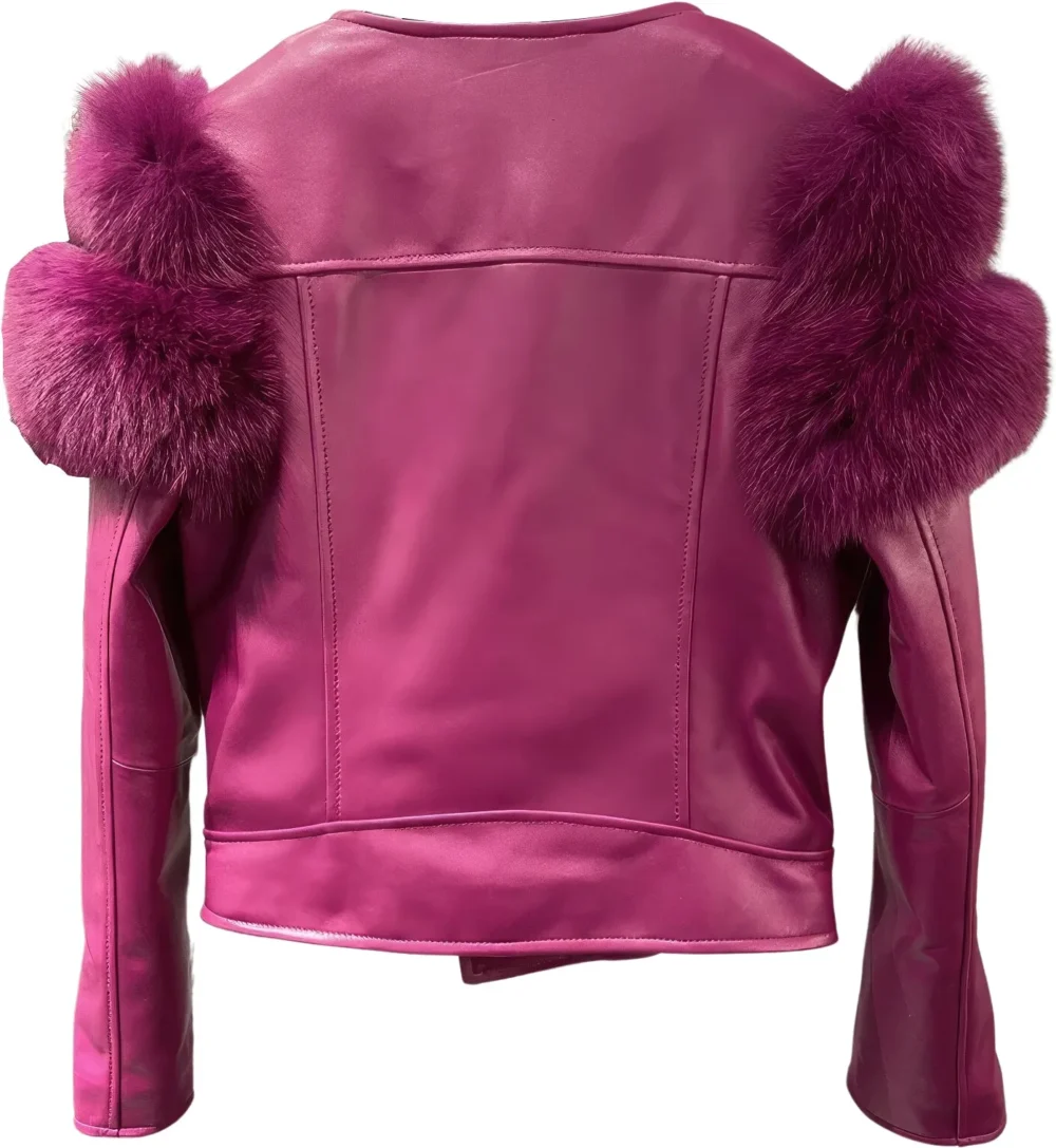 Womenâ€™s Burgundy Wine Genuine Lambskin Sherpa Shearling Faux Fur Fluffy Sleeves Classic Outfit Smooth Lightweight Leather Jacket - Image 2