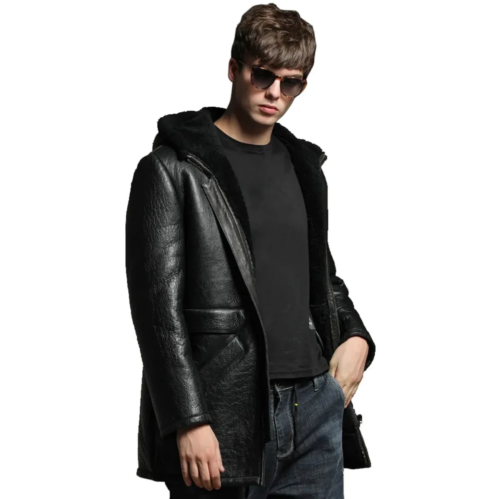 Menâ€™s Black Genuine Sheepskin Faux Fur Hoodie Winter Warm Casual Leather Coat Jacket - Image 2