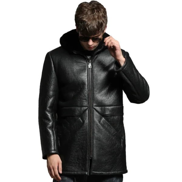 Menâ€™s Black Genuine Sheepskin Faux Fur Hoodie Winter Warm Casual Leather Coat Jacket