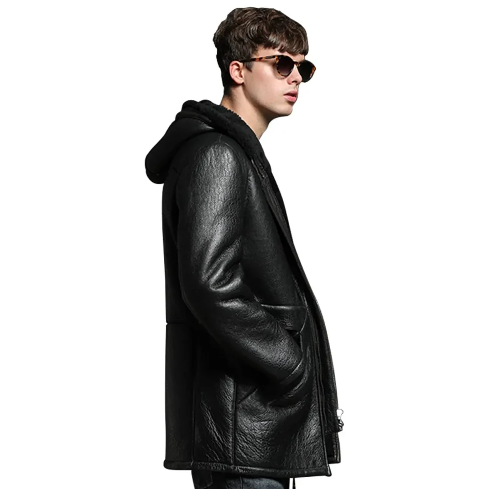 Menâ€™s Black Genuine Sheepskin Faux Fur Hoodie Winter Warm Casual Leather Coat Jacket - Image 3