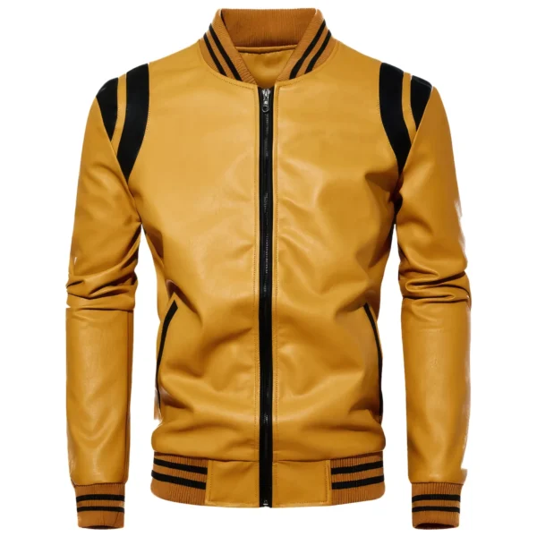 Menâ€™s Yellow Biker Genuine Sheepskin Black Stripes Rib Knit Bomber Sporty Motorcycle Rider Slim Fit Leather Jacket