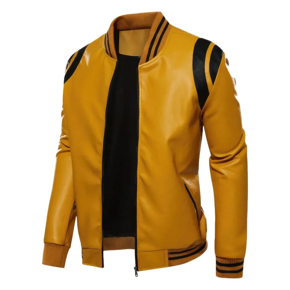Menâ€™s Yellow Biker Genuine Sheepskin Black Stripes Rib Knit Bomber Sporty Motorcycle Rider Slim Fit Leather Jacket - Image 2