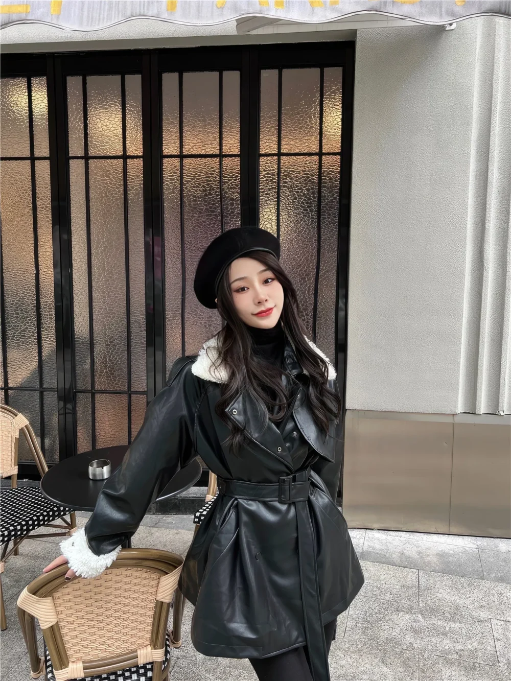Womenâ€™s Black Genuine Lambskin Sherpa Shearling Faux Fur Collar Warm Casual Oversized Streetwear Leather Trench Coat - Image 2
