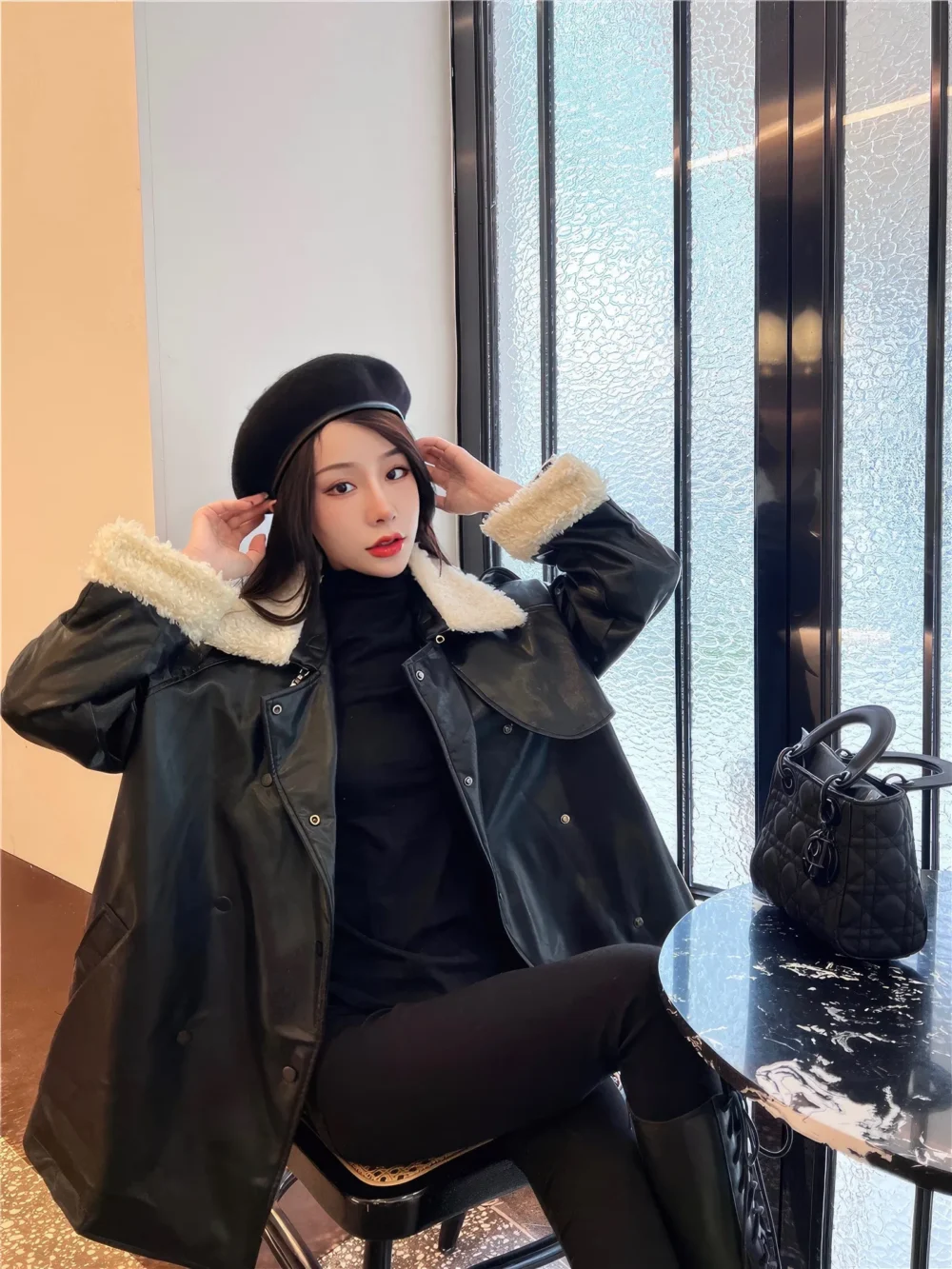 Womenâ€™s Black Genuine Lambskin Sherpa Shearling Faux Fur Collar Warm Casual Oversized Streetwear Leather Trench Coat - Image 3