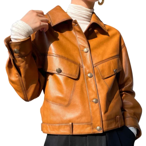 Womenâ€™s Brown Genuine Sheepskin Shirt Collar Streetwear Single Breasted Loose Oversized Vintage Fashion Chic Leather Jacket