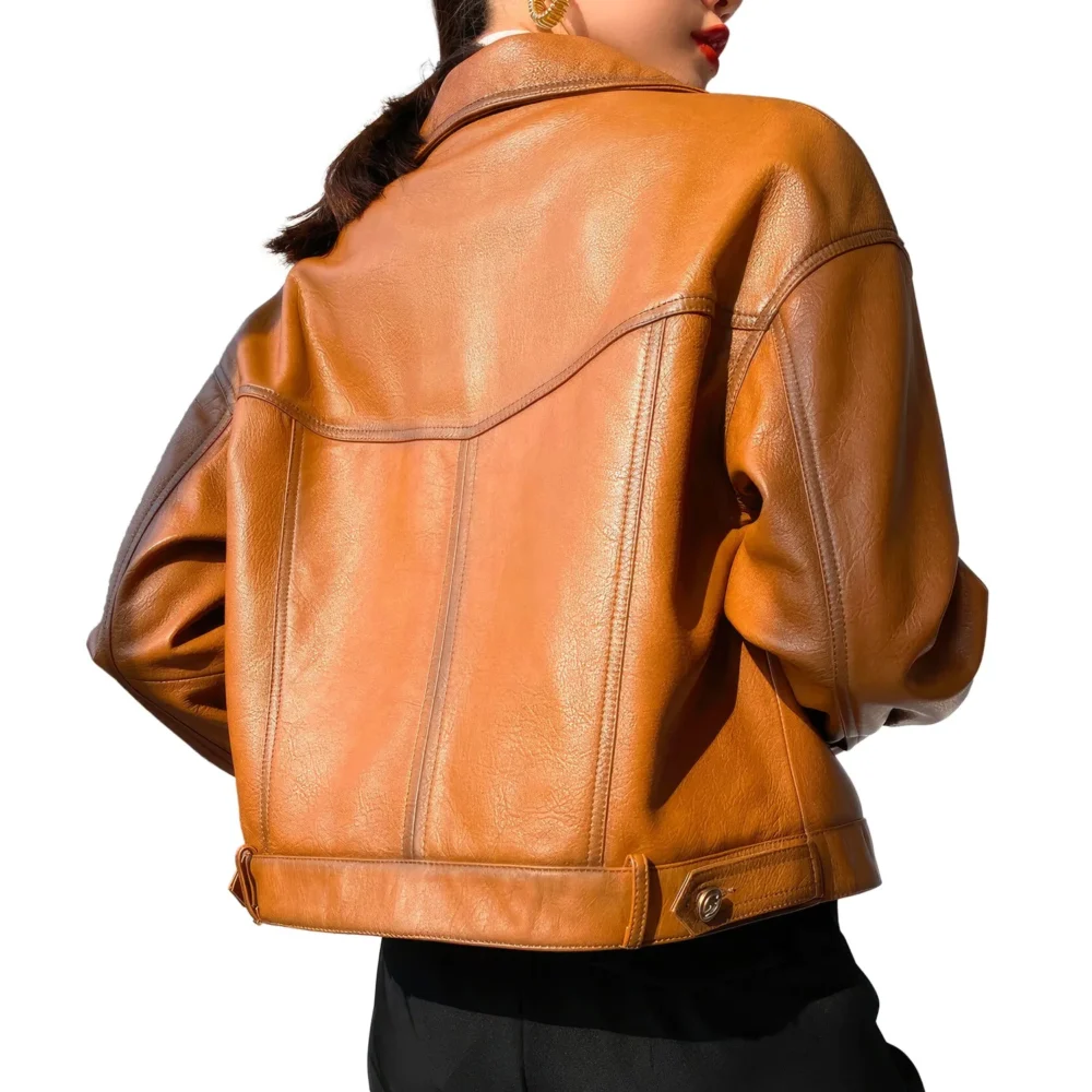 Womenâ€™s Brown Genuine Sheepskin Shirt Collar Streetwear Single Breasted Loose Oversized Vintage Fashion Chic Leather Jacket - Image 2