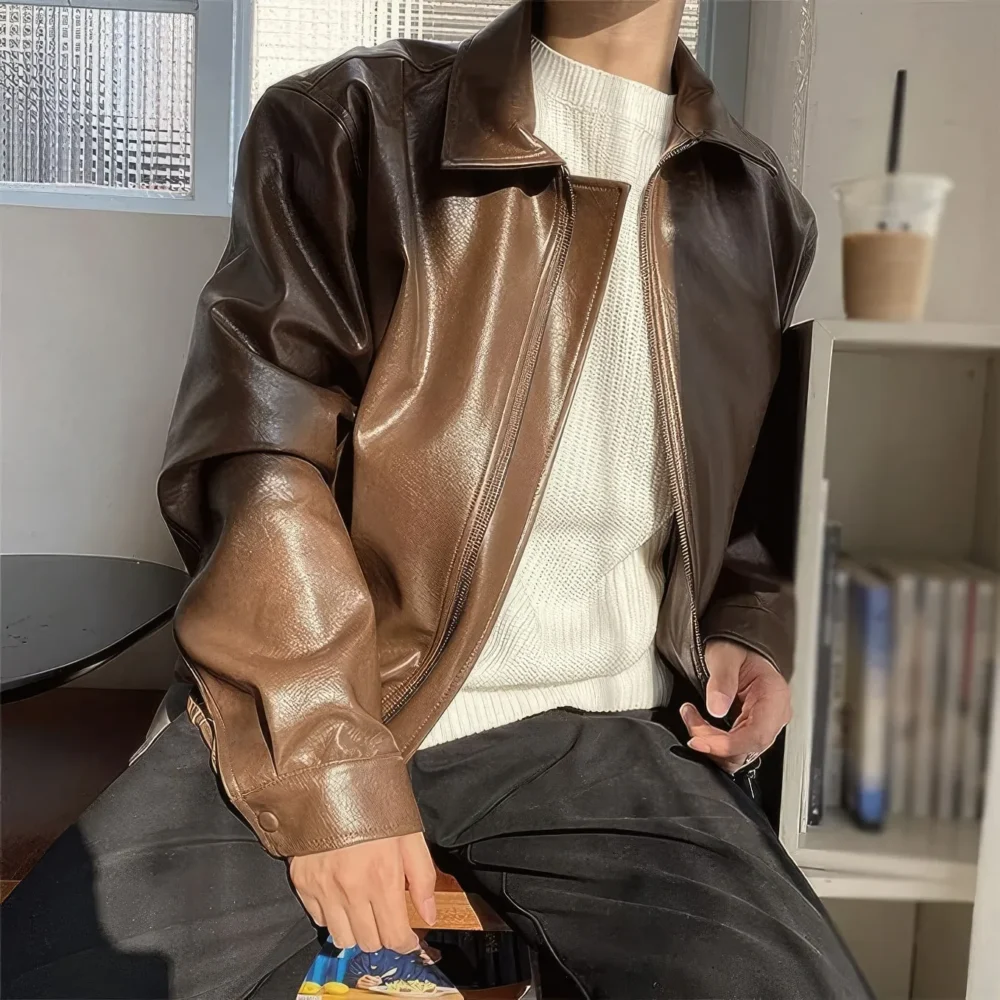 Menâ€™s Brown Genuine Sheepskin Shirt Collar Classic Fashion Oversized Korean Loose Casual Smooth Leather Jacket - Image 3