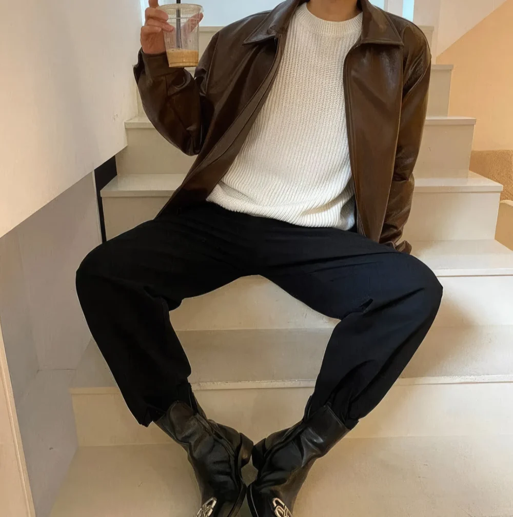 Menâ€™s Brown Genuine Sheepskin Shirt Collar Classic Fashion Oversized Korean Loose Casual Smooth Leather Jacket - Image 4