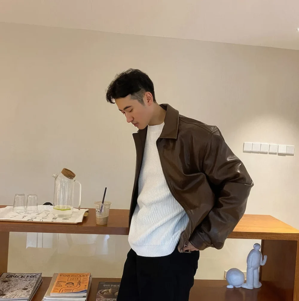 Menâ€™s Brown Genuine Sheepskin Shirt Collar Classic Fashion Oversized Korean Loose Casual Smooth Leather Jacket - Image 5