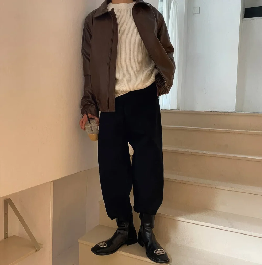 Menâ€™s Brown Genuine Sheepskin Shirt Collar Classic Fashion Oversized Korean Loose Casual Smooth Leather Jacket - Image 6
