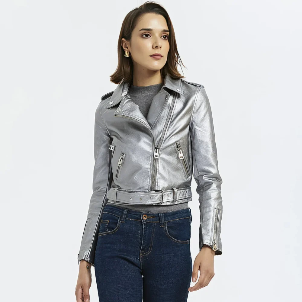 Womenâ€™s Silver Biker Genuine Sheepskin Lapel Collar Rivet Asymmetric Zip-Up Motorcycle Racer Belted Slim Fit Leather Jacket