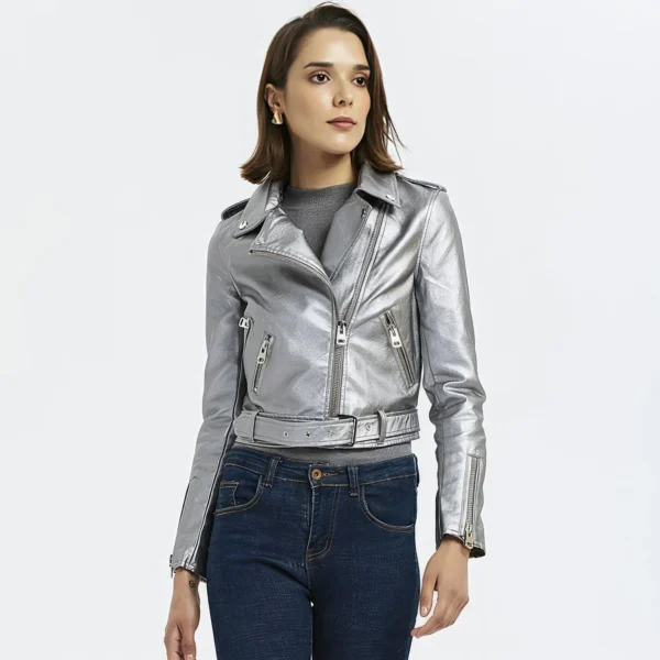 Womenâ€™s Silver Biker Genuine Sheepskin Lapel Collar Rivet Asymmetric Zip-Up Motorcycle Racer Belted Slim Fit Leather Jacket