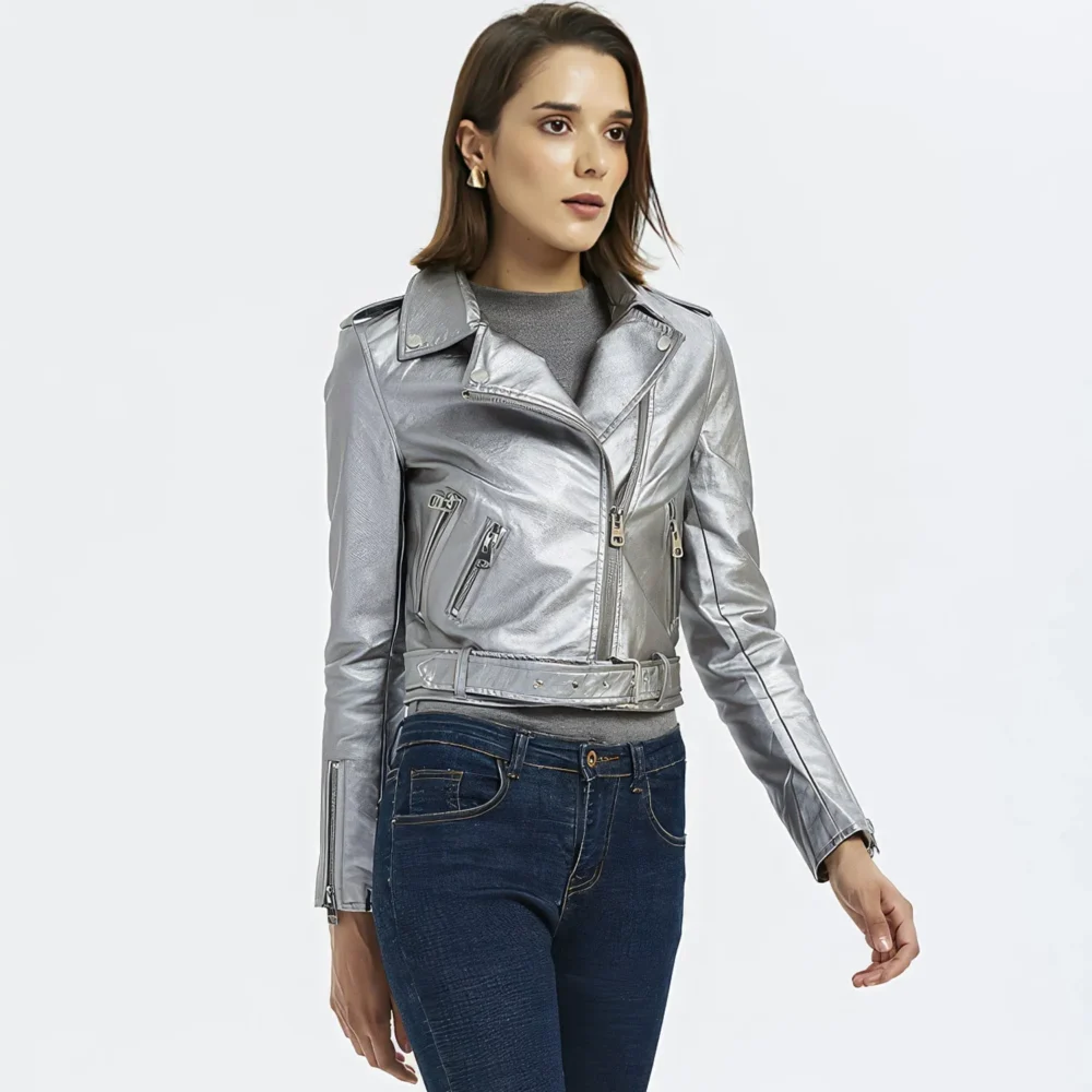 Womenâ€™s Silver Biker Genuine Sheepskin Lapel Collar Rivet Asymmetric Zip-Up Motorcycle Racer Belted Slim Fit Leather Jacket - Image 2