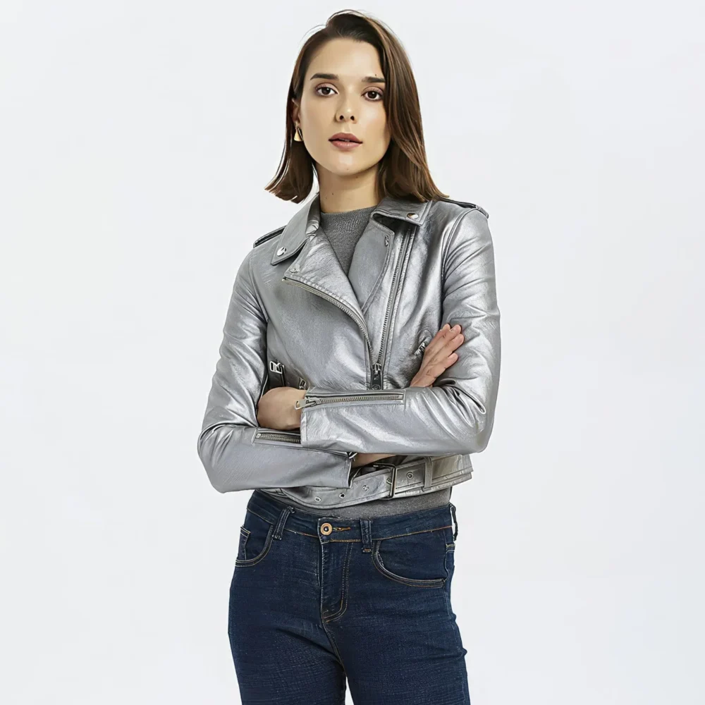 Womenâ€™s Silver Biker Genuine Sheepskin Lapel Collar Rivet Asymmetric Zip-Up Motorcycle Racer Belted Slim Fit Leather Jacket - Image 3