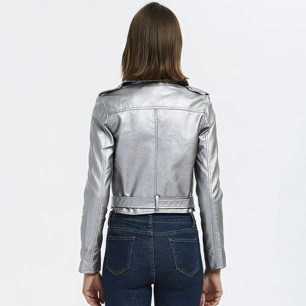 Womenâ€™s Silver Biker Genuine Sheepskin Lapel Collar Rivet Asymmetric Zip-Up Motorcycle Racer Belted Slim Fit Leather Jacket - Image 6