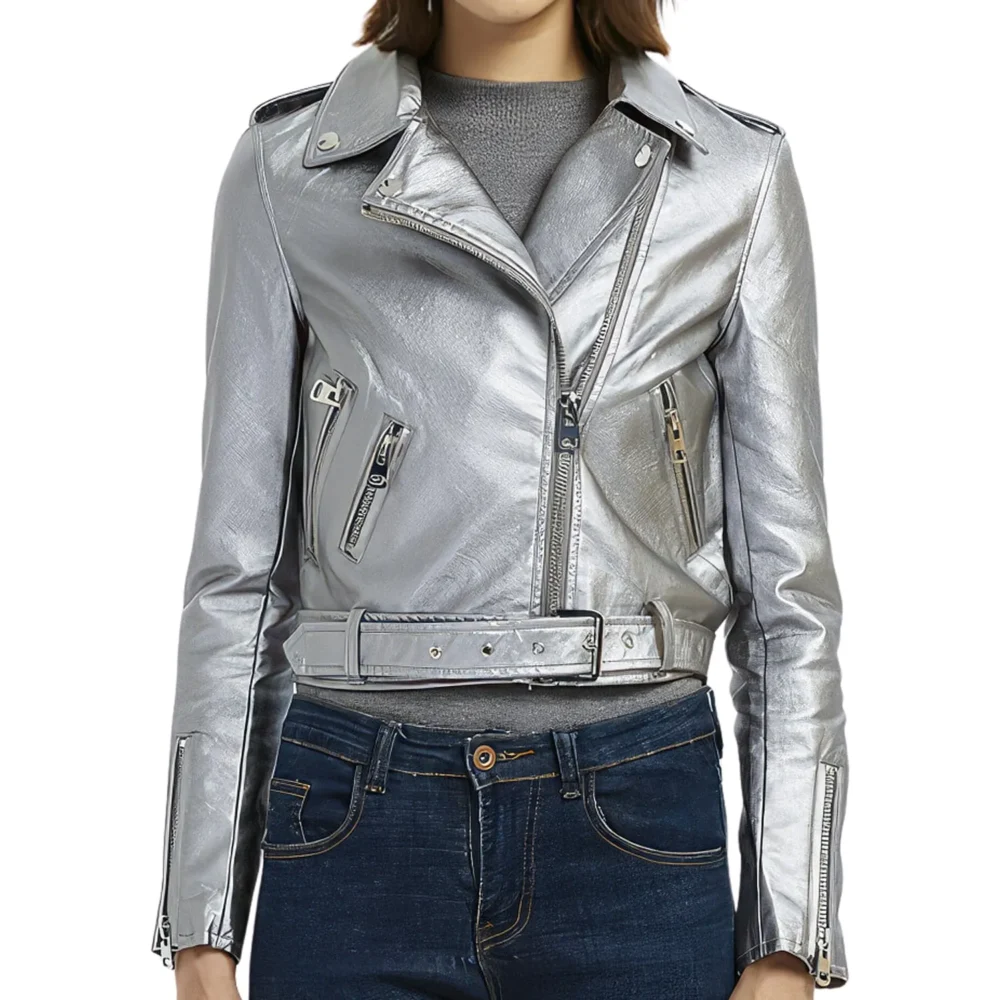 Womenâ€™s Silver Biker Genuine Sheepskin Lapel Collar Rivet Asymmetric Zip-Up Motorcycle Racer Belted Slim Fit Leather Jacket - Image 4