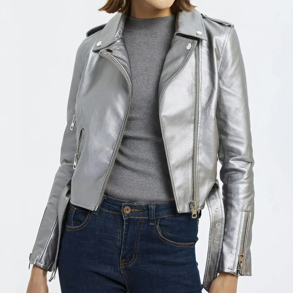 Womenâ€™s Silver Biker Genuine Sheepskin Lapel Collar Rivet Asymmetric Zip-Up Motorcycle Racer Belted Slim Fit Leather Jacket - Image 5