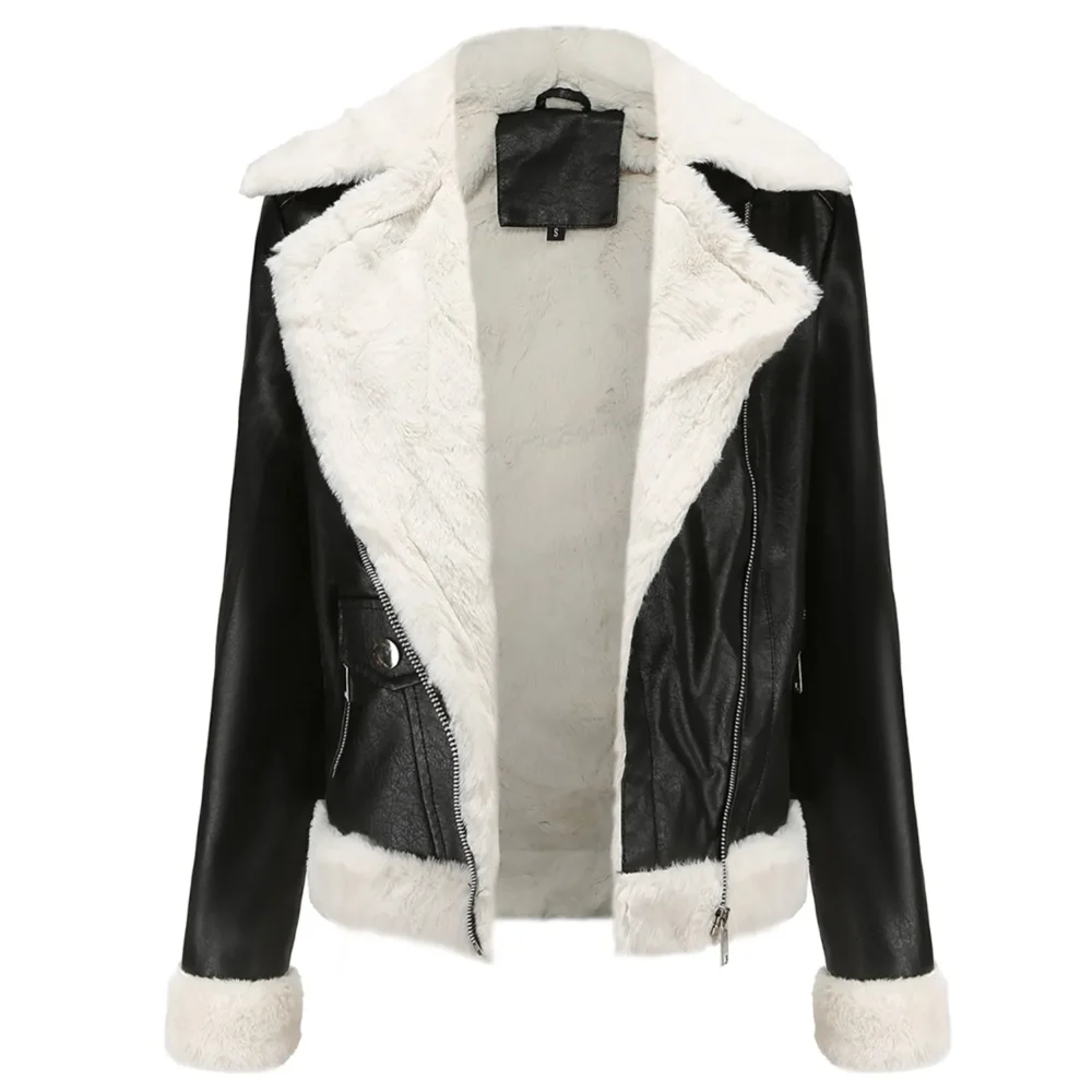 Womenâ€™s Black Biker Genuine Sheepskin Sherpa Shearling Faux Fur Moto CafÃ© Racer Asymmetric Bomber Leather Jacket - Image 6