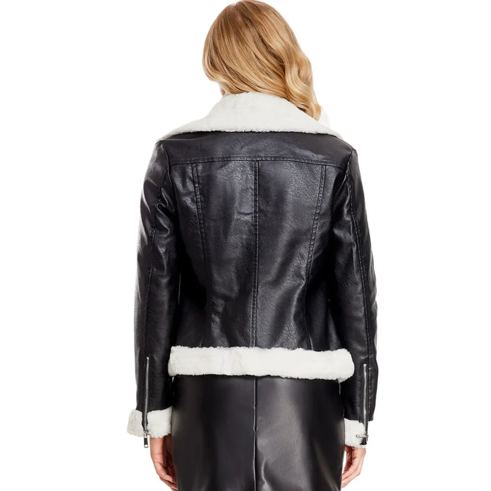 Womenâ€™s Black Biker Genuine Sheepskin Sherpa Shearling Faux Fur Moto CafÃ© Racer Asymmetric Bomber Leather Jacket - Image 5