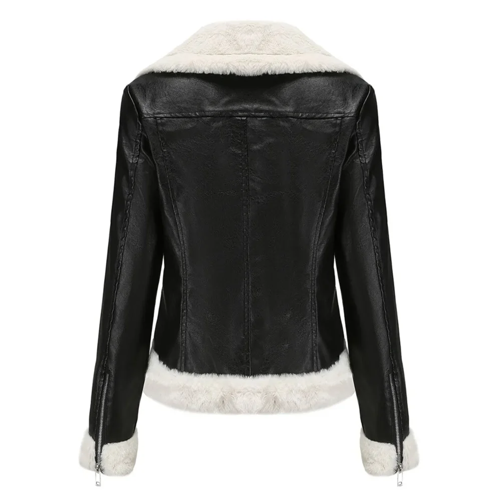 Womenâ€™s Black Biker Genuine Sheepskin Sherpa Shearling Faux Fur Moto CafÃ© Racer Asymmetric Bomber Leather Jacket - Image 7