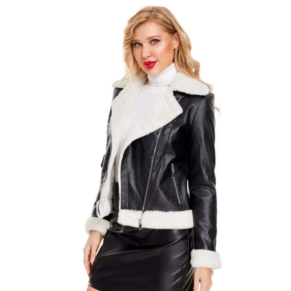 Womenâ€™s Black Biker Genuine Sheepskin Sherpa Shearling Faux Fur Moto CafÃ© Racer Asymmetric Bomber Leather Jacket - Image 4