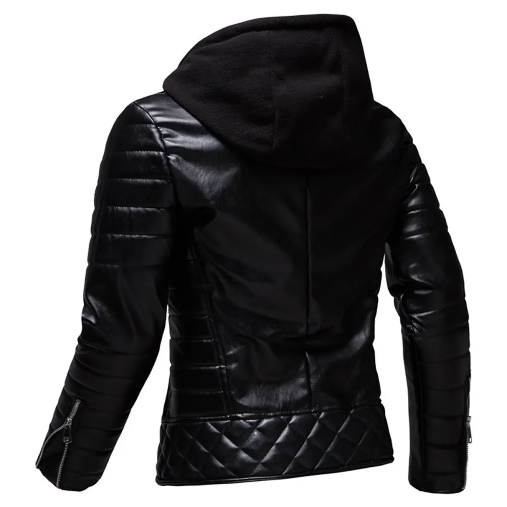 Black Biker Genuine Sheepskin Lapel Collar Hooded Motorcycle Rider Crossover Retro Quilted Asymmetric Leather Jacket - Image 2